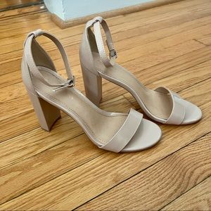 Patent nude heels - block heel, open toe, strappy